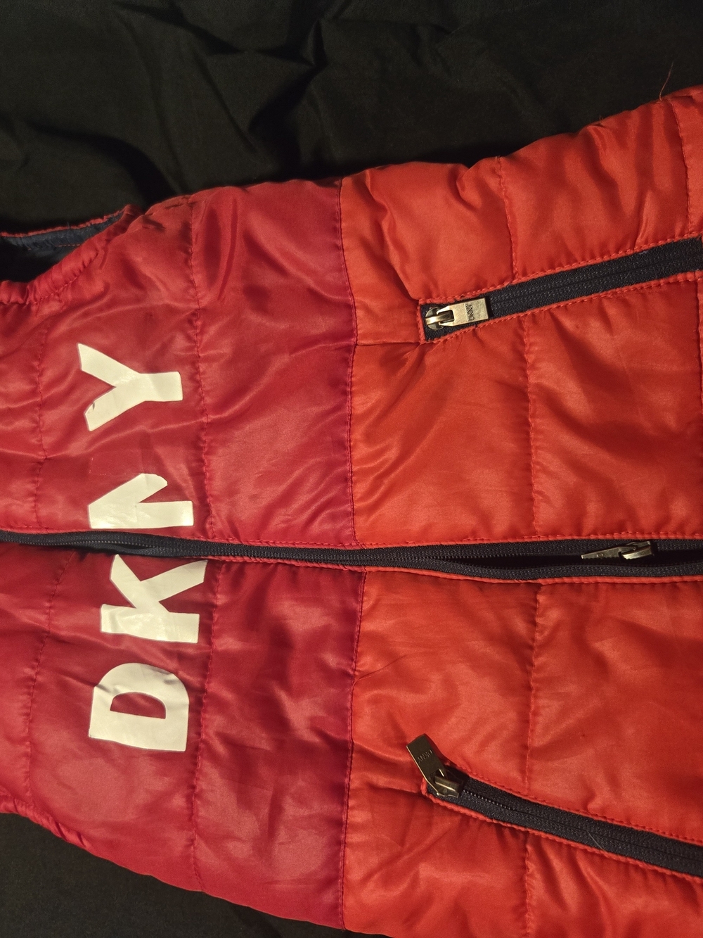 DKNY Red Quilted Kids Puffer Vest with Navy Trim